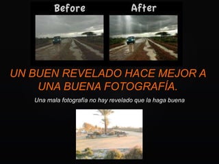 UN BUEN REVELADO HACE MEJOR A
UNA BUENA FOTOGRAFÍA.
Una mala fotografía no hay revelado que la haga buena
 
