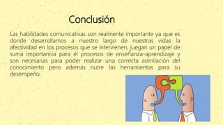 Conclusión
Las habilidades comunicativas son realmente importante ya que es
donde desarrollamos a nuestro largo de nuestras vidas la
afectividad en los procesos que se intervienen, juegan un papel de
suma importancia para él procesos de enseñanza-aprendizaje y
son necesarias para poder realizar una correcta asimilación del
conocimiento pero además nutre las herramientas para su
desempeño.
 
