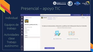 Presencial – apoyo TIC
Individual
Actividades
clase
Trabajo
autónomo
Equipos de
trabajo
 