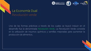 La Economía Dual
Revolución verde
Una de las formas prácticas a través de los cuales se buscó inducir en el
desarrollo fue la denominada Revolución Verde. La Revolución Verde consistía
en la utilización de insumos químicos y semillas mejoradas para aumentar la
producción de alimentos.
 