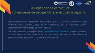 La Dependencia estructural
(El esquema centro-periferia; el esquema cepalino)
Esta corriente fue impulsada, entre otros, por la Comisión Económica para
América Latina (CEPAL), que es un organismo de las Naciones Unidas,
particularmente en cabeza de Raúl Prebisch.
El fundamento del paradigma de la Dependencia Estructural cuestiona el orden
mundial existente, en especial en lo que tiene que ver con las relaciones
asimétricas de intercambio comercial a nivel global.
 