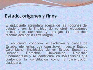 Estado, orígenes y fines
El estudiante aprenderá acerca de las nociones del
estado , con la finalidad de construir ciudadanos
críticos que conozcan y protejan los derechos
reconocidos por la carta Magna.
El estudiante conocerá la evolución y clases de
Estado, elementos que constituyen nuestro Estado
Colombiano, finalidades de un Estado Social de
Derecho,
Derechos
Universales,
Derechos
fundamentales y se identificará los mecanismos que
contempla la constitución como la participación
ciudadana.

 