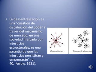 • La descentralización es
una “cuestión de
distribución del poder a
través del mecanismo
de mercado; en una
sociedad marcada por
injusticias
estructurales, es una
garantía de que las
injusticias persistirán y
empeorarán” (p.
40, Arrow, 1951).
 
