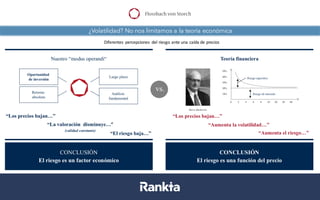 ¿Volatilidad? No nos limitamos a la teoría económica
Datos	
  a	
  31/08/2017.	
  Fuentes:	
  Bloomberg,	
  Datastream,	
  La	
  Financière	
  de	
  l’Echiquier
Diferentes percepciones del	
  riesgo ante	
  una caída de	
  precios
 