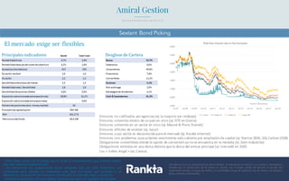 Sextant Bond Picking
El	
  mercado exige	
  ser flexibles
- Estos datos varían con el tiempo; por lo tanto, le recomendamos que consulte nuestro
sitio web: www.amiralgestion.com
- Los indicadores son proporciones brutas utilizadas solo con fines ilustrativos; son
insuficientes para calcular el r endimiento neto final del Fondo, que también se ve
afectado por la evolución de los precios de mercado, el costo del riesgo y los gastos.
- Consulte la diapositiva 20 para obtener aclaraciones sobre las hipótesis del mercado.
Este lista do no es un compromiso de Amira l Gestion de seleccio nar lo s títulos o sus emisore s. Recordamo s
también que la constru cción del la cartera se efectúa con el propio cr iterio del gerente en fun ción de l
rendimiento ofrecid o, el riesgo de crédito y la sensibilidad (rie sgo de subid a de tipo de interés y de spread s)
de las emisiones seleccionadas.
Emisores	
  no	
  calificados	
  por	
  agencias	
  (ej:	
  la	
  mayoría	
  son	
  midcaps)
Emisores	
  solventes	
  dentro	
  de	
  un	
  país	
  en	
  crisis	
  (ej:	
  OTE	
  en	
  Grecia)
Emisores	
  solventes	
  en	
  un	
  sector	
  en	
  crisis	
  (ej:	
  Maurel &	
  Prom,	
  Eramet)
Emisores	
  difíciles	
  de	
  analizar	
  (ej:	
  Sacyr)
Emisores	
  cuyo	
  sector	
  es	
  desconocido	
  para	
  el	
  mercado	
  (ej:	
  Rocket Internet)
Emisores	
  con	
  problemas	
  cuyo	
  próximo	
  vencimiento	
  está	
  cubierto	
  por	
  ampliación	
  de	
  capital	
  (ej:	
  Nyrstar 2016,	
  SGL	
  Carbon2018)
Obligaciones	
  convertibles	
  donde	
  la	
  opción	
  de	
  conversión	
  ya	
  no	
  se	
  encuentra	
  en	
  la	
  moneda	
  (ej:	
  Siem Industries)
Obligaciones	
  emitidas	
  en	
  una	
  divisa	
  distinta	
  que	
  la	
  divisa	
  del	
  emisor	
  principal	
  (ej:	
  Unicredit en	
  SGD)
Los	
  « Fallen	
  Angel »	
  (ej:	
  Casino)
 