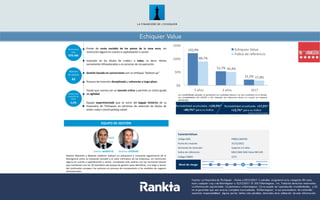 Echiquier Value
Fuente:	
  La	
  Financière de	
  l’Echiquier -­‐ Datos	
  a	
  29/12/2017.	
  5	
  estrellas	
   en	
  general	
  en	
  la	
  categoría	
  «RV	
  zona	
  
euro	
  cualquier	
  cap.»	
  de	
  Morningstar a	
  31/12/2017.	
  ©	
  2017	
  Morningstar,	
   Inc.	
  Todos	
  los	
  derechos	
  reservados.	
  
La	
  información	
  aquí	
  incluida:	
  (1)	
  pertenece	
  a	
  Morningstar;	
  (2)	
  no	
  puede	
  ser	
  reproducida	
  ni	
  redistribuida;	
   y	
  (3)	
  
no	
  se	
  garantiza	
  que	
  sea	
  exacta,	
  completa	
  ni	
  actualizada. Ni	
  Morningstar,	
   ni	
  sus	
  proveedores	
   de	
  contenido	
  
asumirán	
  responsabilidad	
   alguna	
  por	
  los	
   daños	
  o	
  las	
  pérdidas	
   derivadas	
  de	
  la	
  utilización	
   de	
  esta	
  información.
 