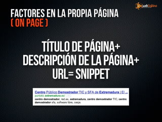 Factores En la propia Página
( on page )

       Título de página+
   Descripción de la página+
          URL= Snippet
 