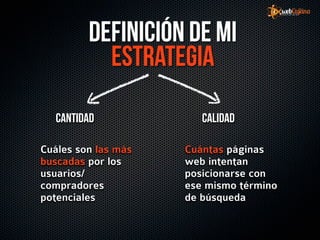 Definición de mi
           estrategia
   Cantidad             Calidad

Cuáles son las más   Cuántas páginas
buscadas por los     web intentan
usuarios/            posicionarse con
compradores          ese mismo término
potenciales          de búsqueda
 