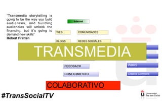 Internet
WEB COMUNIDADES
BLOGS REDES SOCIALES
VISIBILIDAD
NETWORKING
FEEDBACK
CONOCIMIENTO
COLABORATIVO
Crowdfunding
ARG
WIKIS
Creative Commons
TRANSMEDIA
“Transmedia storytelling is
going to be the way you build
audiences, and building
audiencies will unlock the
financing, but it´s going to
demand new skills”
Robert Pratten
#TransSocialTV
 