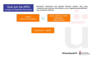 Qué son los ARG
(Juegos de Realidad Alternativa)
Narración interactiva que emplea diversos medios. Hay unos
creadores que proponen una historia y unos “jugadores-espectadores”
que resuelven misterios
“Juego”
(this is not a game)
Serie / película / libro /
videojuego /
independiente
Espectador - jugador
#TransSocialTV
 