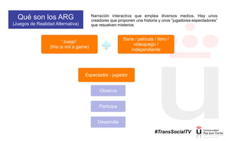 Qué son los ARG
(Juegos de Realidad Alternativa)
Narración interactiva que emplea diversos medios. Hay unos
creadores que proponen una historia y unos “jugadores-espectadores”
que resuelven misterios
“Juego”
(this is not a game)
Serie / película / libro /
videojuego /
independiente
Espectador - jugador
Observa
Participa
Desarrolla
#TransSocialTV
 