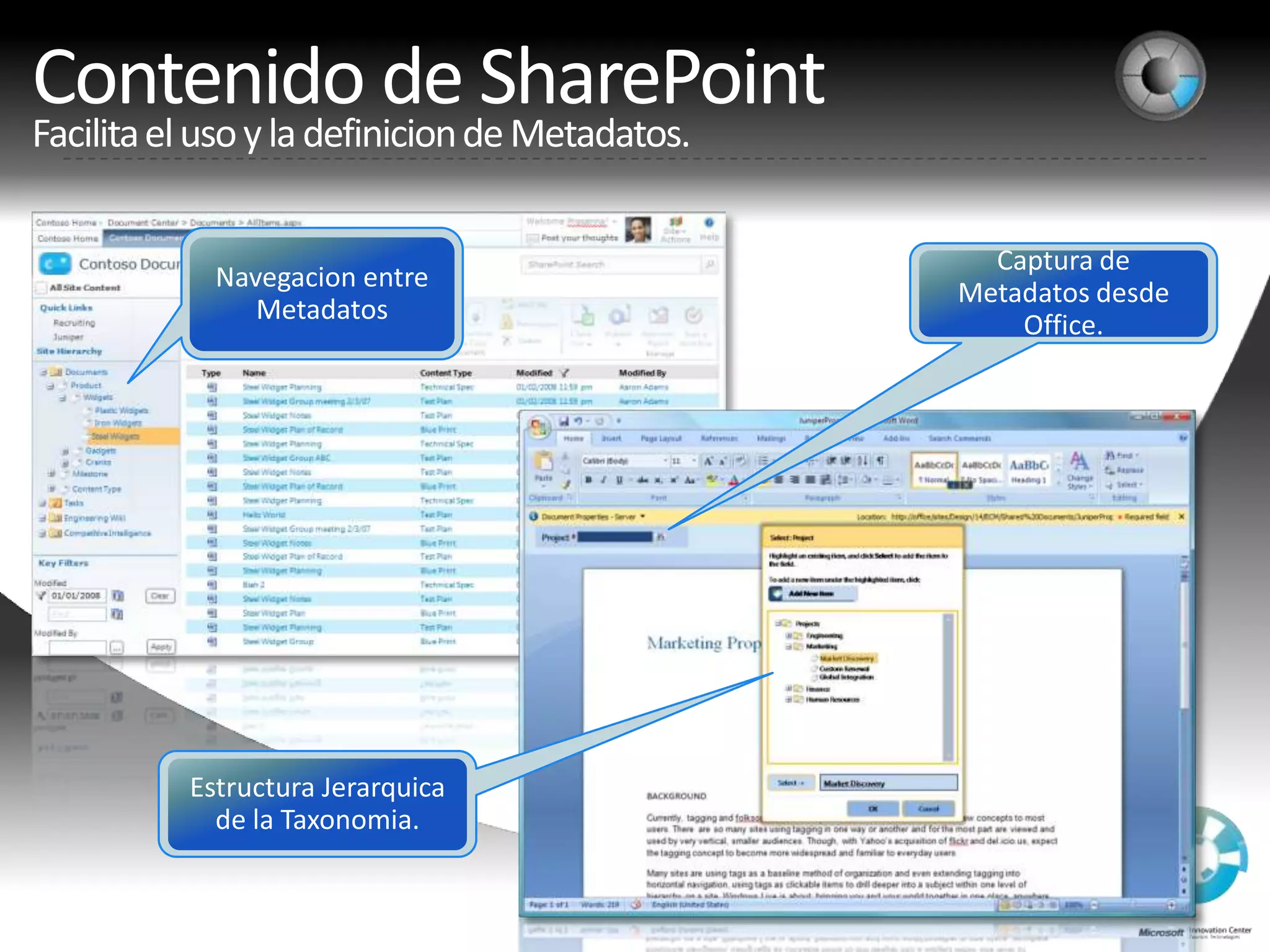 Contenido de SharePointFacilita el uso y la definicion de Metadatos.EstructuraJerarquica de la Taxonomia.Navegacion entre MetadatosCaptura de Metadatosdesde Office.