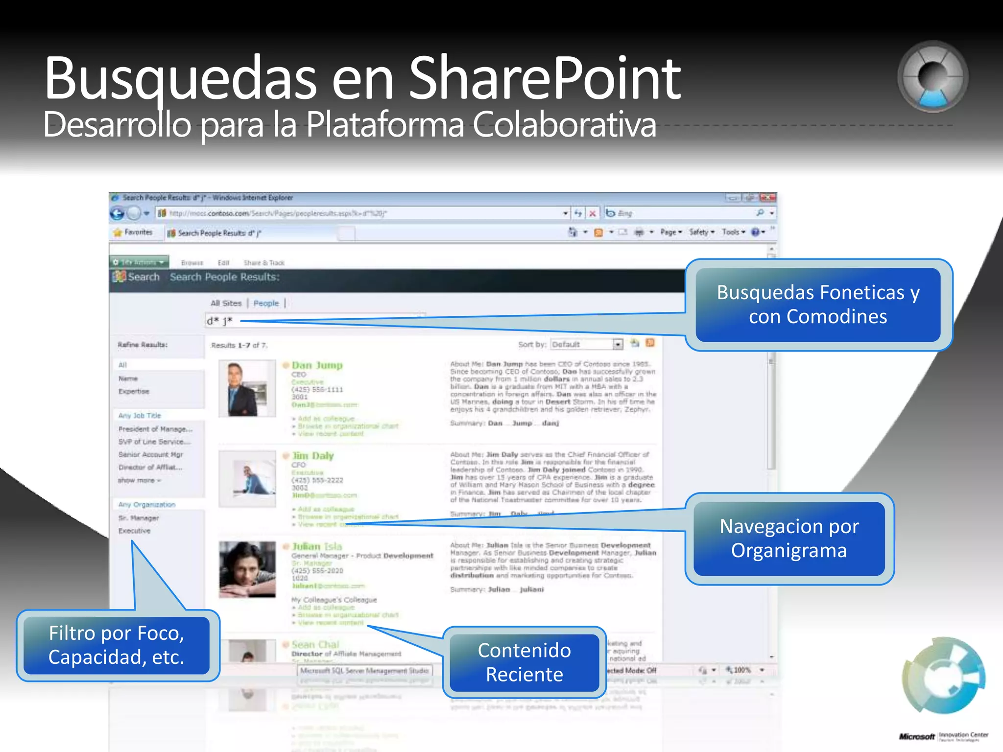 Busquedas en SharePointDesarrollopara la PlataformaColaborativaBusquedasFoneticas y con ComodinesNavegacionporOrganigramaFiltroporFoco, Capacidad, etc.ContenidoReciente