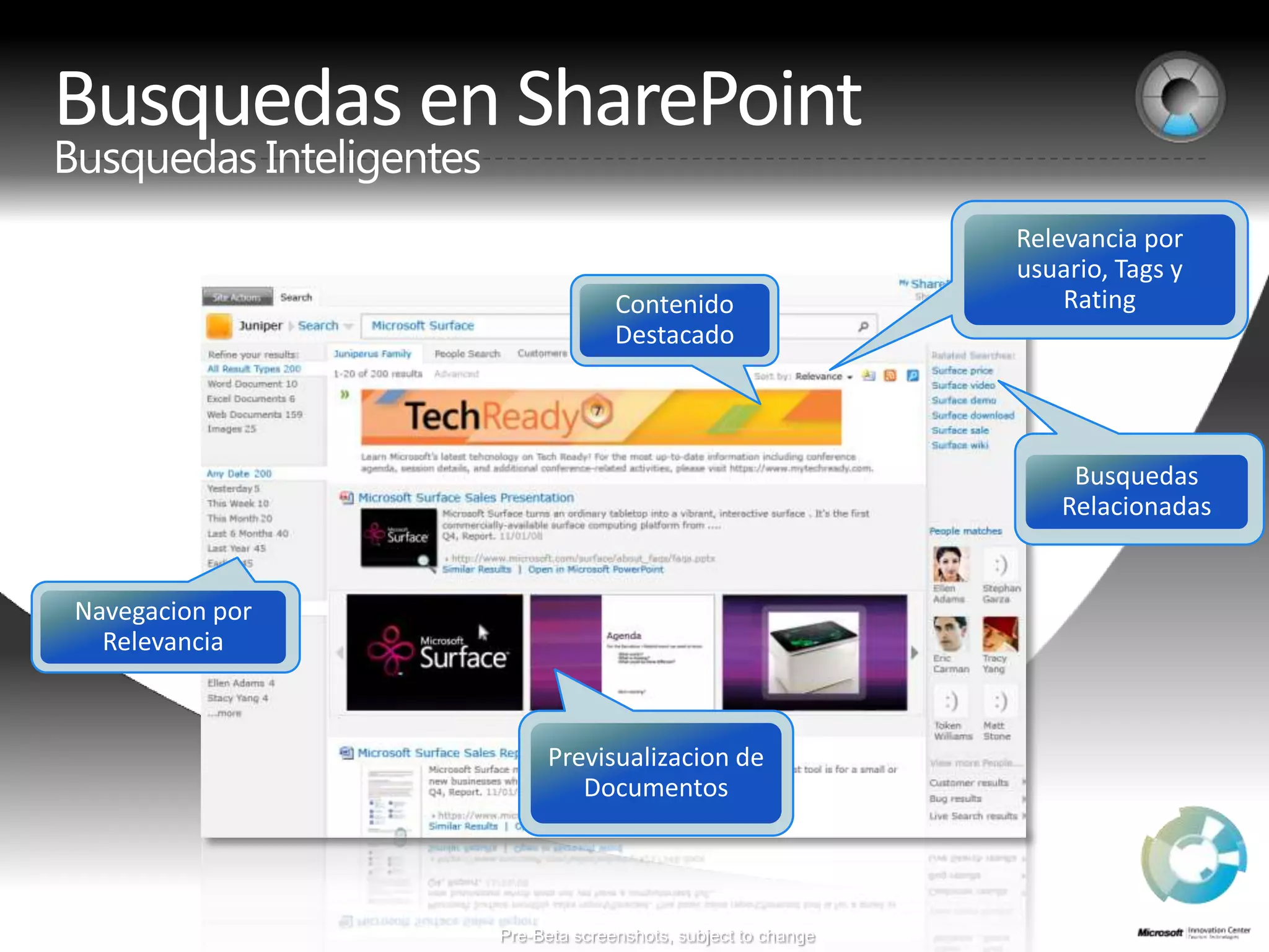 Busquedas en SharePointBusquedasInteligentesContenidoDestacadoNavegacionporRelevanciaPrevisualizacion de DocumentosRelevanciaporusuario, Tags y RatingBusquedasRelacionadasPre-Beta screenshots, subject to change