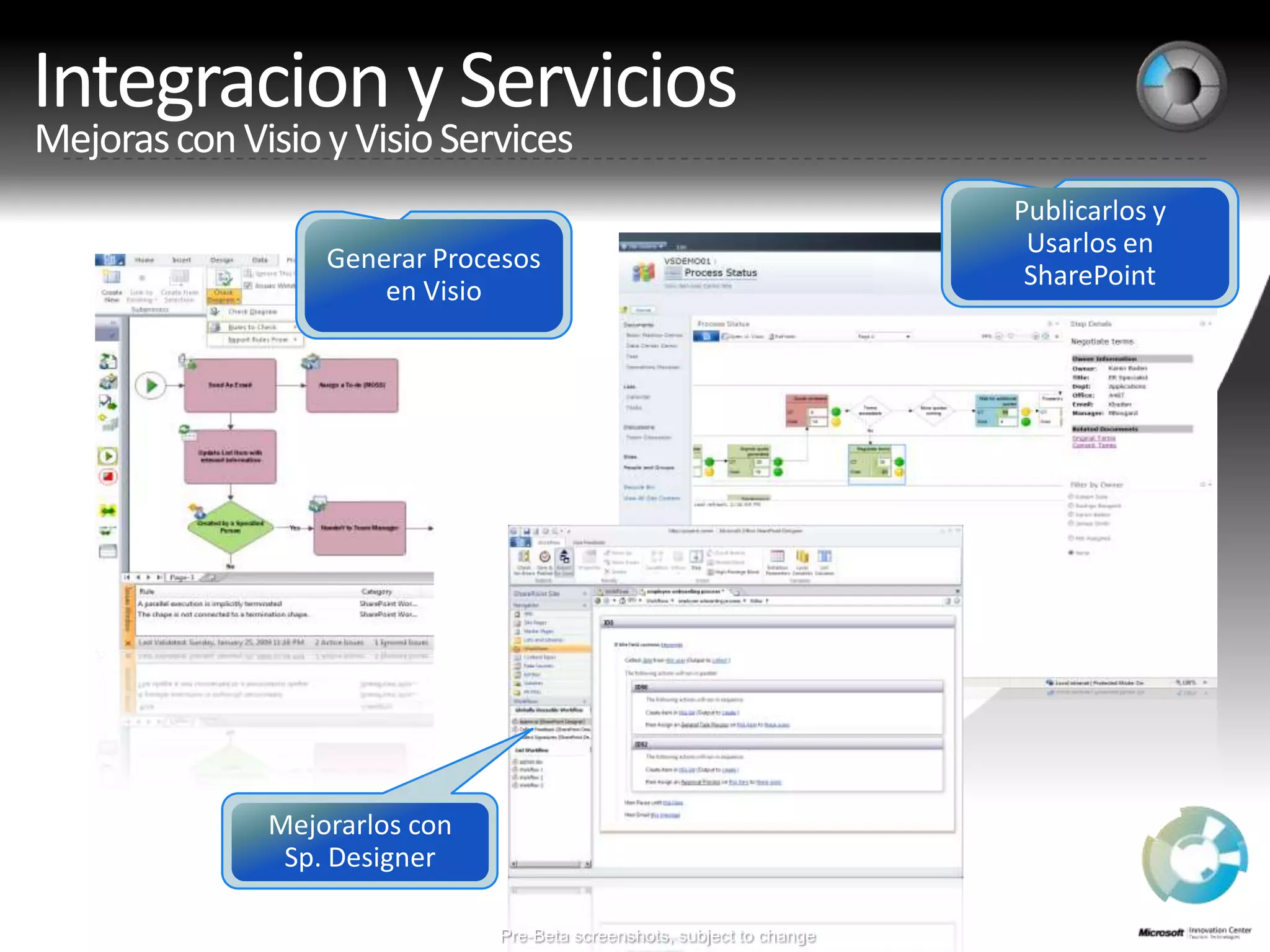 Integracion y ServiciosMejoras con Visio y Visio ServicesPublicarlos y Usarlos en SharePointGenerarProcesos en VisioMejorarlos con Sp. DesignerPre-Beta screenshots, subject to change