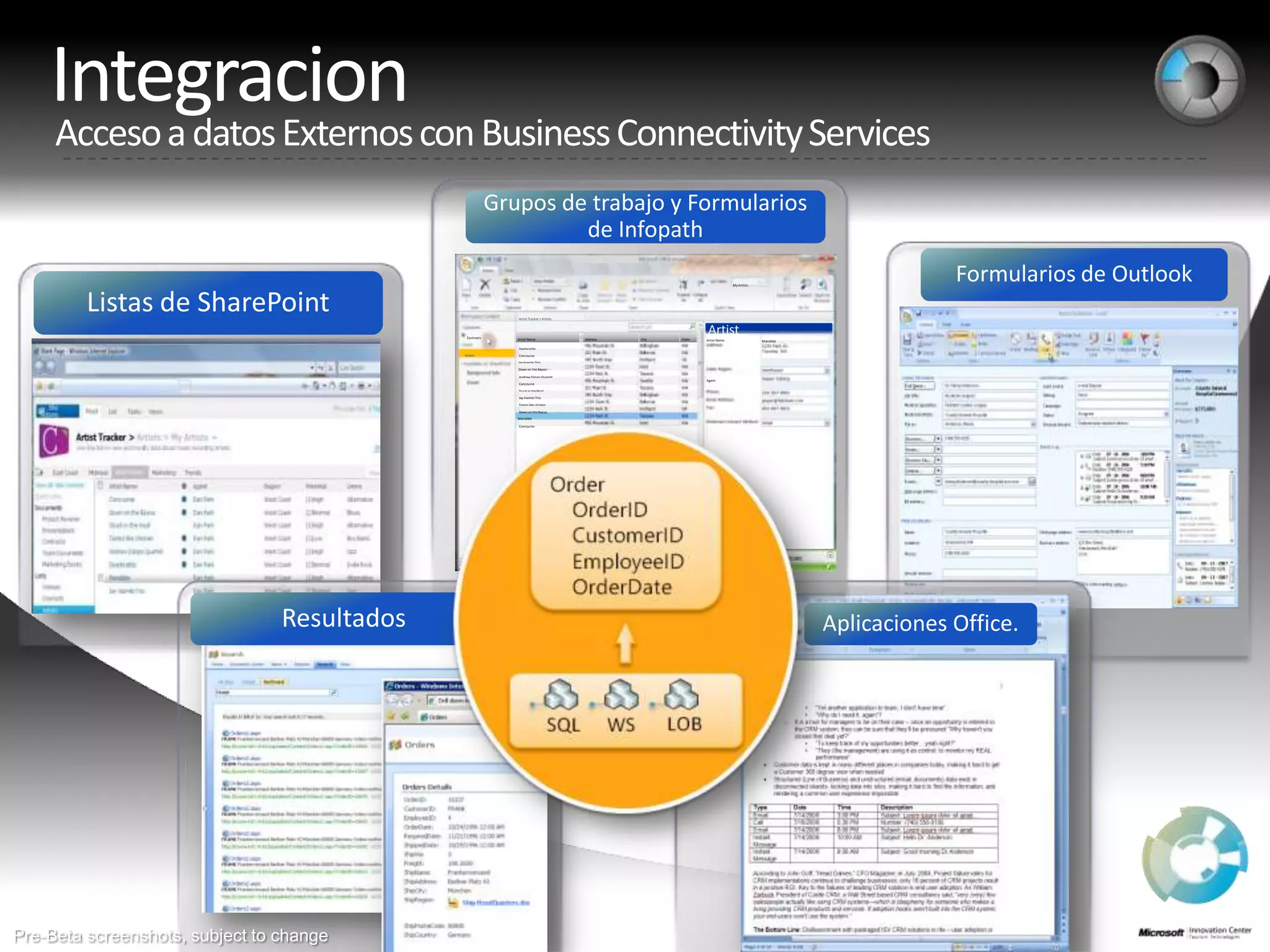 IntegracionMy ArtistsAcceso a datosExternos con Business Connectivity ServicesArtist Tracker > ArtistsGrupos de trabajo y Formularios de InfopathArtistContracts  Artist Name  Address  City  StateArtist Name:MandibleFormularios de OutlookDeathrattleListas de SharePoint      ArtistsConcourseJay Hamlin TrioDown on the BayouAndrew Datars QuartetAgent:ConcourseStuck in the MudJay Hamlin TrioTastes like chickenDown on the Bayou   MandibleConcourseResultadosAplicaciones Office.Pre-Beta screenshots, subject to change