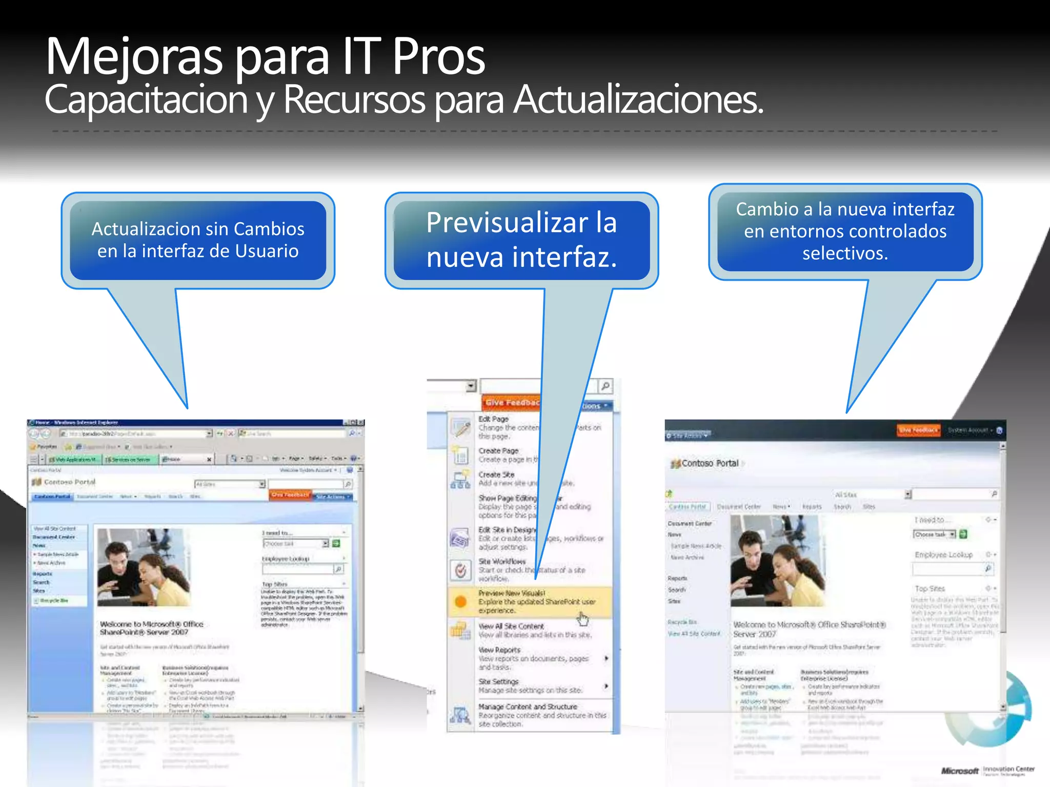 Mejoraspara IT ProsCapacitacion y RecursosparaActualizaciones.Cambio a la nuevainterfaz en entornoscontroladosselectivos.Actualizacion sin Cambios en la interfaz de UsuarioPrevisualizar la nuevainterfaz.