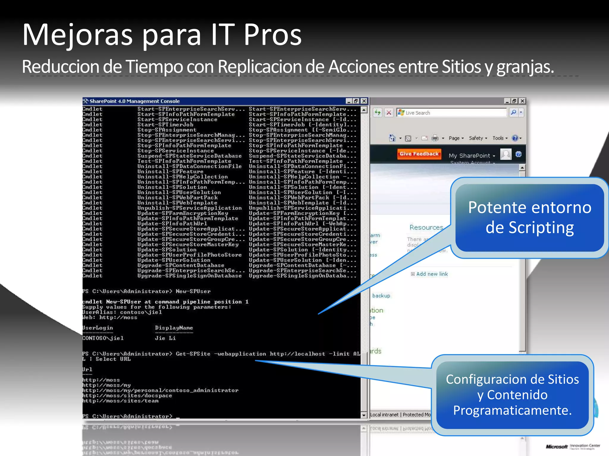 Mejoraspara IT ProsReduccion de Tiempo con Replicacion de Acciones entre Sitios y granjas.Potenteentorno de ScriptingConfiguracion de Sitios y ContenidoProgramaticamente.