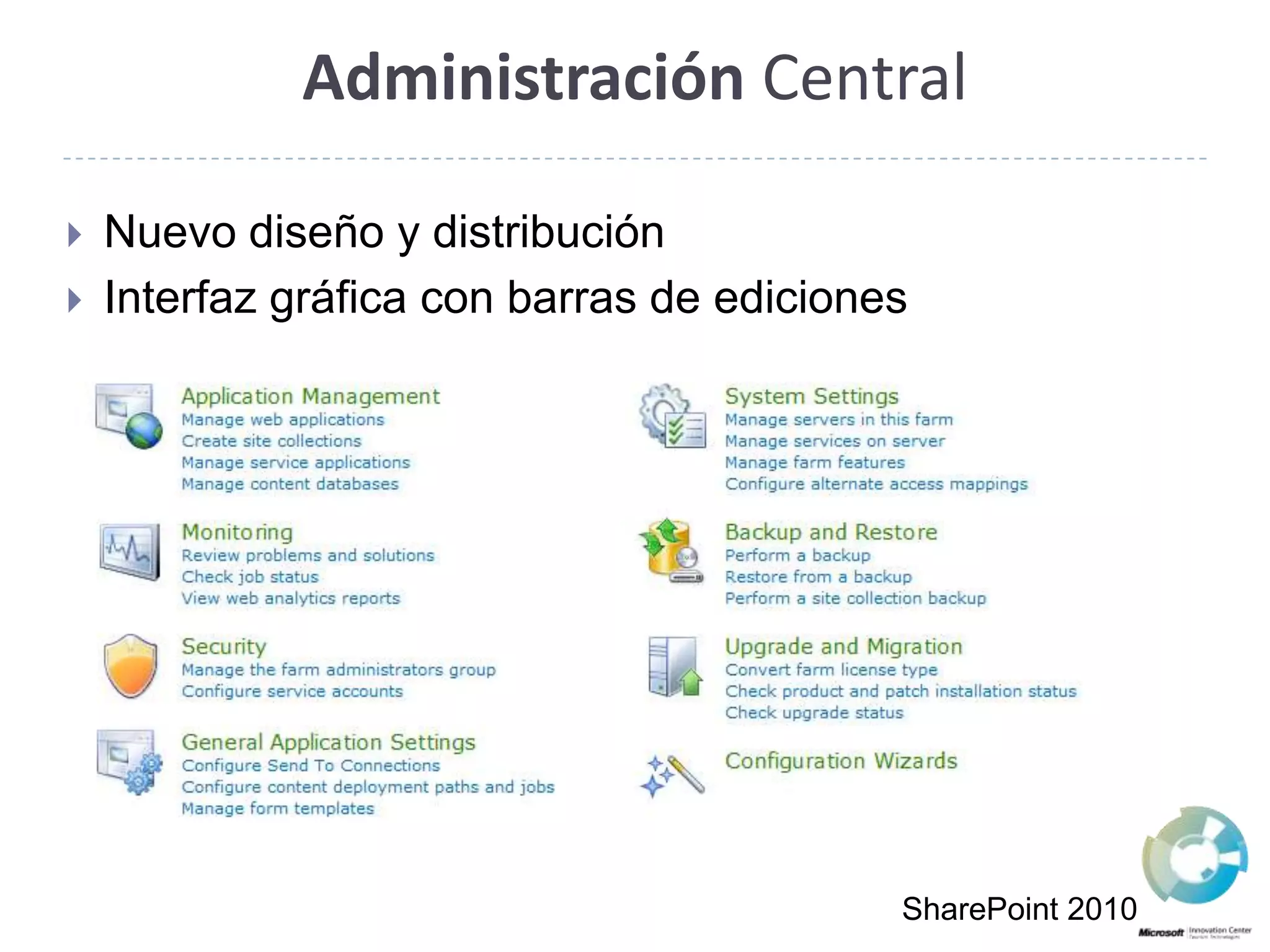 AdministraciónCentralNuevo diseño y distribuciónInterfaz gráfica con barras de edicionesSharePoint 2010