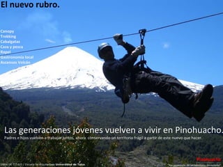 “ Reconversión de un territorio devastado” Pinohuacho OBRA DE TITULO / Escuela de Arquitectura  Universidad de Talca .  Comuna de Villarrica / CHILE Canopy Trekking Cabalgatas Caza y pesca Rapel Gastronomía local Ascensos Volcán El nuevo rubro. Las generaciones jóvenes vuelven a vivir en Pinohuacho. Padres e hijos vuelven a trabajar juntos, ahora  conservando un territorio frágil a partir de este nuevo que hacer. 