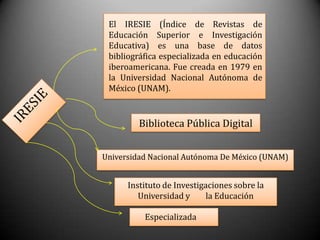 El IRESIE (Índice de Revistas de
 Educación Superior e Investigación
 Educativa) es una base de datos
 bibliográfica especializada en educación
 iberoamericana. Fue creada en 1979 en
 la Universidad Nacional Autónoma de
 México (UNAM).



         Biblioteca Pública Digital


Universidad Nacional Autónoma De México (UNAM)


      Instituto de Investigaciones sobre la
         Universidad y      la Educación

          Especializada
 
