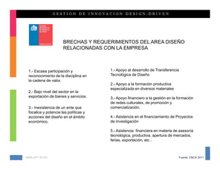 BRECHAS Y REQUERIMIENTOS DEL AREA DISEÑO
                      RELACIONADAS CON LA EMPRESA



 1.- Escasa participación y            1.- Apoyo al desarrollo de Transferencia
 reconocimiento de la disciplina en    Tecnológica de Diseño
 la cadena de valor.
                                       2.- Apoyo a la formación productiva
                                       especializada en diversos materiales
 2.- Bajo nivel del sector en la
 exportación de bienes y servicios.    3.- Apoyo financiero a la gestión en la formación
                                       de redes culturales, de promoción y
 3.- Inexistencia de un ente que       comercialización.
 focalice y potencie las políticas y
 acciones del diseño en el ámbito      4.- Asistencia en el financiamiento de Proyectos
 económico.                            de Investigación

                                       5.- Asistencia financiera en materia de asesoría
                                       tecnológica, productiva, apertura de mercados,
                                       ferias, exportación, etc .



KMG-JHT 2012©                                                                  Fuente: CNCA 2011
 