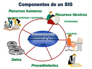 Componentes de un SIG Recursos humanos USUARIOS INTERNOS Y EXTERNOS Procedimientos Datos Recursos técnicos PROGRAMAS Y EQUIPOS ORGANIZACIÓN Administrador del sistema Administrador de  Proyectos SIG 