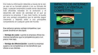 IMPACTO DE INTERNET
SOBRE LA VENTAJA
COMPETITIVA
Con toda la información obtenida a través de la red,
ya sea en su formato gratuito o en su formato de
pago, cualquier empresario puede tomar decisiones
más eficientes basadas en la evolución y el
desarrollo del sector de actividad en el que se
enmarca su empresa. Y eso, bien hecho, le puede
dar una ventaja competitiva que le permita seguir
creciendo y dejando atrás a sus principales
competidores en cualquier parte del mundo.
Ese esfuerzo genera ventaja competitiva, que
puede dividirse en dos tipos:
– Ventaja de costo: cuando la empresa ofrece los
mismos beneficios que la competencia pero a un
precio más bajo.
– Ventaja de diferenciación: cuando la empresa
supera a la competencia en los beneficios que
ofrece a sus clientes.
 