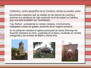 Cañamero, centro geográfico de la Comarca, donde se pueden visitar
las pinturas rupestres que se cobijan en las sierras de cuarcita y
recorrer sus senderos (el más conocido es el de Isabel La Católica
que une esta localidad con Guadalupe).
"Las Rañas", consistente en cantos rodados, mínimamente
trabajados a base de golpes, producto de un ingenio primario.
En la población destaca la iglesia parroquial de Santo Domingo de
Guzmán (Destaca su torre, cuadrada en la base y acabada en remate
octogonal) y las ermitas de Belén y Santa Ana.
 