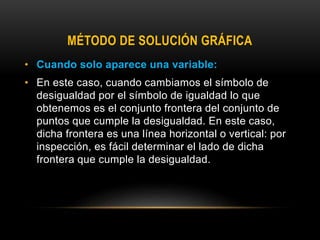 MÉTODO DE SOLUCIÓN GRÁFICA
• Cuando solo aparece una variable:
• En este caso, cuando cambiamos el símbolo de
desigualdad por el símbolo de igualdad lo que
obtenemos es el conjunto frontera del conjunto de
puntos que cumple la desigualdad. En este caso,
dicha frontera es una línea horizontal o vertical: por
inspección, es fácil determinar el lado de dicha
frontera que cumple la desigualdad.
 