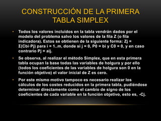 CONSTRUCCIÓN DE LA PRIMERA
TABLA SIMPLEX
• Todos los valores incluidos en la tabla vendrán dados por el
modelo del problema salvo los valores de la fila Z (o fila
indicadora). Estos se obtienen de la siguiente forma: Zj =
Σ(Cbi·Pj) para i = 1..m, donde si j = 0, P0 = bi y C0 = 0, y en caso
contrario Pj = aij.
• Se observa, al realizar el método Simplex, que en esta primera
tabla ocupan la base todas las variables de holgura y por ello
(todos los coeficientes de las variables de holgura son 0 en la
función objetivo) el valor inicial de Z es cero.
• Por este mismo motivo tampoco es necesario realizar los
cálculos de los costes reducidos en la primera tabla, pudiéndose
determinar directamente como el cambio de signo de los
coeficientes de cada variable en la función objetivo, esto es, -Cj.
 
