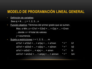 MODELO DE PROGRAMACIÓN LINEAL GENERAL
• Definición de variables:
Sea xj = #.... ; j = 1, 2, 3....n
• Función objetivo: Términos del primer grado que se sumen.
Max. o Min. z = C1x1 + C2x2 + ... + Cjxj + ... + Cnxn
...donde n = # total de valores
j = ocurrencia.
• Sujeto a restricciones: i = 1, 2, 3, ... , m
a11x1 + a12x2 + ... + a1jxj + ... + a1nxn " = " b1
a21x1 + a22x2 + ... + a2jxj + ... + a2nxn " = " b2
ai1x1 + ai2x2 + ... + aijxj + ... + ainxn " = " bi
am1x1 + am2x2 + ... + amjxj + ... + amnxn " = " bm
 