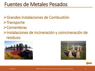 07/03/2016 ¿SABEMOS REALMENTE QUE CONTIENE LOS ALIMENTOS QUE CONSUMIMOS? 11
Fuentes de Metales Pesados
Grandes Instalaciones de Combustión
Transporte
Cementeras
Instalaciones de incineración y coincineración de
residuos
 
