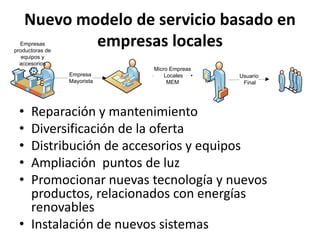 Nuevo modelo de serviciobasado en empresas locales Reparación y mantenimientoDiversificación de la ofertaDistribución de accesorios y equiposAmpliaciónpuntos de luzPromocionar nuevas tecnología y nuevos productos, relacionados con energías renovablesInstalación de nuevos sistemas