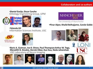 11
Collaborators and co-authors
•Daniel Garijo, Oscar Corcho
Ontology Engineering Group, UPM
•Yolanda Gil
Information Sciences Institute, USC
•Boris A. Gutman, Ivo D. Dinov, Paul ThompsonArthur W. Toga,
Meredith N. Braskie, Derrek Hibar, Xue Hua, Neda Jahanshad.
USC Laboratory of Neuro Imaging
IEEE eScience 2014. Guarujá, Brasil
•Pinar Alper, Khalid Belhajjame, Carole Goble
 