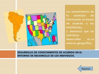 Los conocimientos de
                                 la sociedad de
                                 información se basan
                                 de acuerdo a las
                                 habilidades,
                                 y destrezas que los
                                 individuos
                                 desarrollen     en su
                                 entorno geográfico.

DESARROLLO DE CONOCIMIENTOS DE ACUERDO EN EL
ENTORNO DE DESARROLLO DE LOS INDIVIDUOS.



                                            Regresar
 