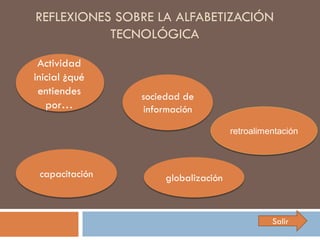 REFLEXIONES SOBRE LA ALFABETIZACIÓN
           TECNOLÓGICA
 Actividad
inicial ¿qué
 entiendes      sociedad de
   por…         información

                                     retroalimentación



 capacitación        globalización



                                               Salir
 
