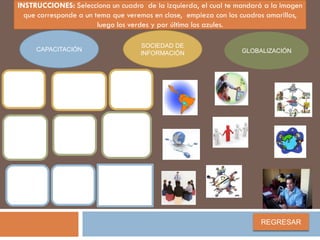 INSTRUCCIONES: Selecciona un cuadro de la izquierda, el cual te mandará a la imagen
  que corresponde a un tema que veremos en clase, empieza con los cuadros amarillos,
                        luego los verdes y por último los azules.

                                    SOCIEDAD DE
     CAPACITACIÓN                                                 GLOBALIZACIÓN
                                    INFORMACIÓN




                                                                       REGRESAR
 