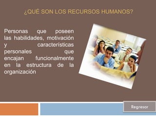 ¿QUÉ SON LOS RECURSOS HUMANOS?


Personas      que    poseen
las habilidades, motivación
y             características
personales                que
encajan      funcionalmente
en la estructura de la
organización




                                     Regresar
 