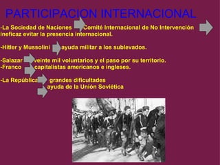 PARTICIPACION INTERNACIONAL - La Sociedad de Naciones       Comité Internacional de No Intervención      ineficaz evitar la presencia internacional.   -Hitler y Mussolini       ayuda militar a los sublevados.    -Salazar       veinte mil voluntarios y el paso por su territorio.  -Franco        capitalistas americanos e ingleses.    -La República       grandes dificultades                                ayuda de la Unión Soviética     