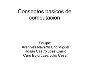 Conseptos basicos de computacion Equipo:  Arenivas Navarro Eric Miguel Rosas Castro Jose Emilio Caro Bojorquez Julio Cesar 