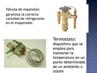 Válvula de expansión:garantiza la correcta cantidad de refrigerante en el evaporador.Termostato: dispositivo que se emplea para mantener la temperatura en un punto determinado de un ambiente o sistem