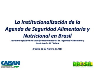 La Institucionalización de la Agenda de Seguridad Alimentaria y Nutricional en Brasil 
Secretaria Ejecutiva del Consejo Interministerial de Seguridad Alimentaria y Nutricional – SE CAISAN 
Brasilia, 06 de febrero de 2014 
 