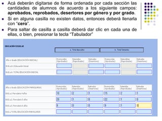  Acá deberán digitarse de forma ordenada por cada sección las
cantidades de alumnos de acuerdo a los siguiente campos:
aprobados, reprobados, desertores por género y por grado.
 Si en alguna casilla no existen datos, entonces deberá llenarla
con “cero”.
 Para saltar de casilla a casilla deberá dar clic en cada una de
ellas, o bien, presionar la tecla “Tabulador”
 