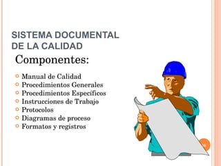 SISTEMA DOCUMENTAL DE LA CALIDAD Componentes: Manual de Calidad Procedimientos Generales Procedimientos Específicos Instrucciones de Trabajo Protocolos Diagramas de proceso Formatos y registros 