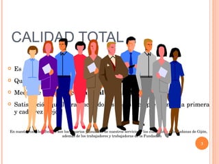 CALIDAD TOTAL Es un modo de gestionar empresas y organizaciones Que persigue la mayor  competitividad  y  eficacia Mediante la  satisfacción total de sus clientes   Satisfacción que logra haciendo las cosas siempre bien, a la primera y cada vez mejor En nuestro caso los clientes son los usuarios y usuarias de nuestros servicios y los ciudadanos y ciudadanas de Gijón, además de los trabajadores y trabajadoras de la Fundación 