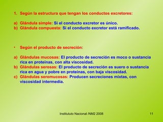 Según la estructura que tengan los conductos excretores: a) Glándula simple:  Si el conducto excretor es único.  b) Glándula compuesta:  Si el conducto excretor está ramificado.  Según el producto de secreción:   a) Glándulas mucosas:  El producto de secreción es moco o sustancia rica en proteínas, con alta viscosidad.  b) Glándulas serosas:  El producto de secreción es suero o sustancia rica en agua y pobre en proteínas, con baja viscosidad.  c) Glándulas seromucosas:  Producen secreciones mixtas, con viscosidad intermedia.  