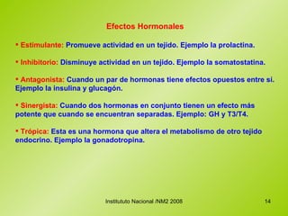 Efectos Hormonales Estimulante:  Promueve actividad en un tejido. Ejemplo la prolactina. Inhibitorio:  Disminuye actividad en un tejido. Ejemplo la somatostatina. Antagonista:  Cuando un par de hormonas tiene efectos opuestos entre sí. Ejemplo la insulina y glucagón. Sinergista:  Cuando dos hormonas en conjunto tienen un efecto más potente que cuando se encuentran separadas. Ejemplo: GH y T3/T4. Trópica:  Esta es una hormona que altera el metabolismo de otro tejido endocrino. Ejemplo la gonadotropina. 