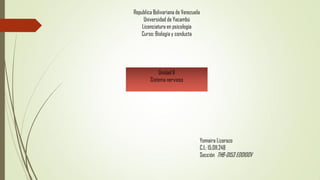 Republica Bolivariana de Venezuela
Universidad de Yacambú
Licenciatura en psicología
Curso: Biología y conducta
Unidad II
Sistema nervioso
Yomaira Lizarazo
C.I.: 15.011.248
Sección THB-0153 ED01D0V
 