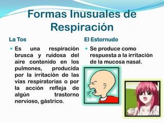 Formas Inusuales de
             Respiración
La Tos                       El Estornudo
 Es   una    respiración     Se produce como
 brusca y ruidosa del          respuesta a la irritación
 aire contenido en los         de la mucosa nasal.
 pulmones,      producida
 por la irritación de las
 vías respiratorias o por
 la acción refleja de
 algún           trastorno
 nervioso, gástrico.
 